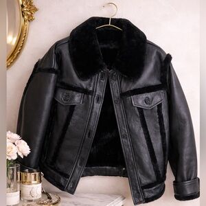 Sandro Paris Genuine Shearling Leather Jacket Black Luxury Winter CoatM